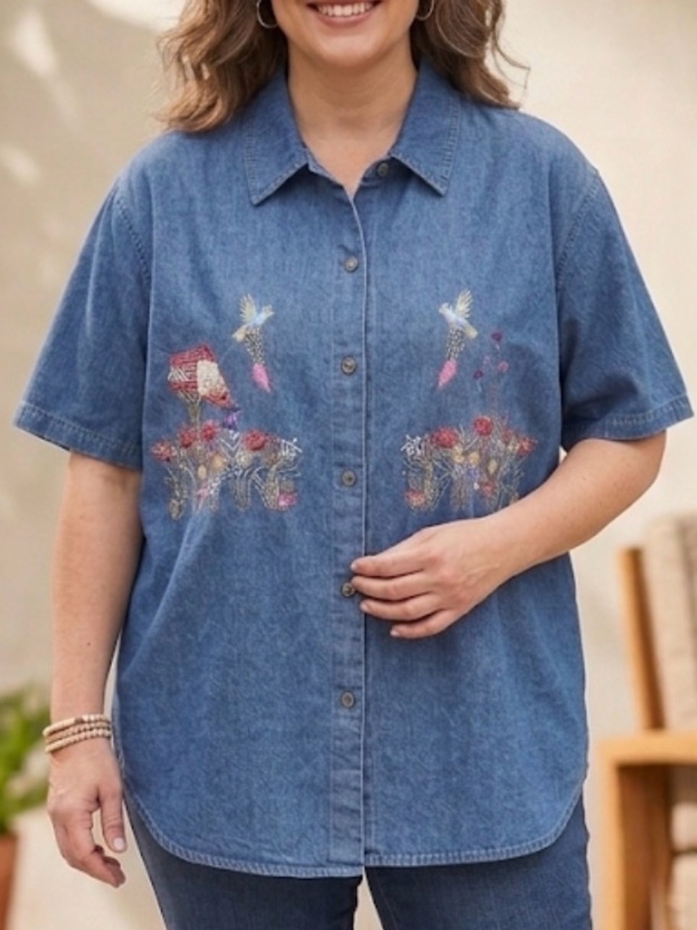 Vintage Jane Ashley Denim Shirt 3X Embroidered Floral Bird Top Cottagecore